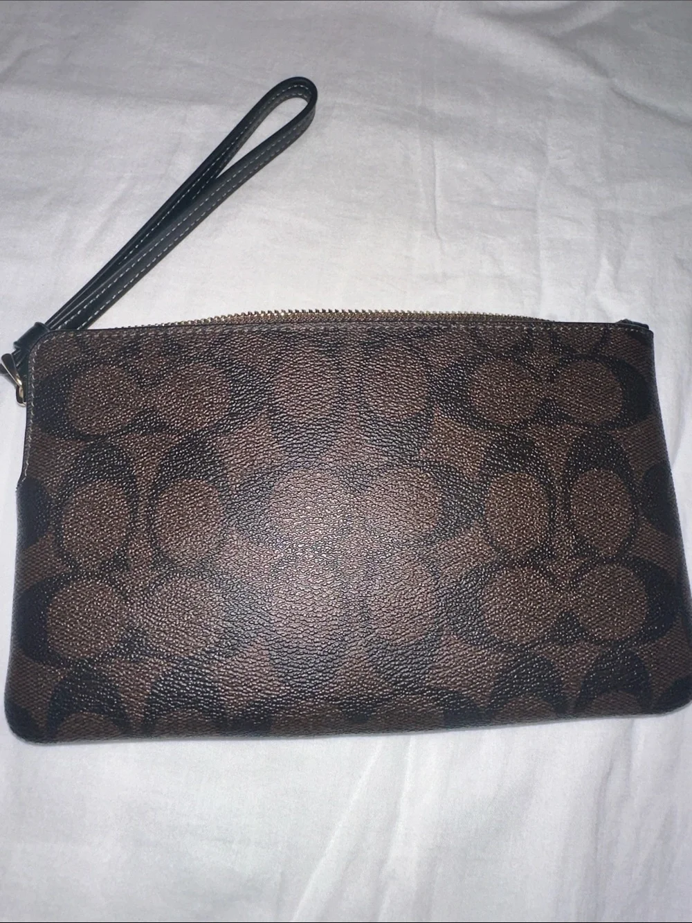 Coach Dark Brown and Black Signature Wristlet with Gold Logo
